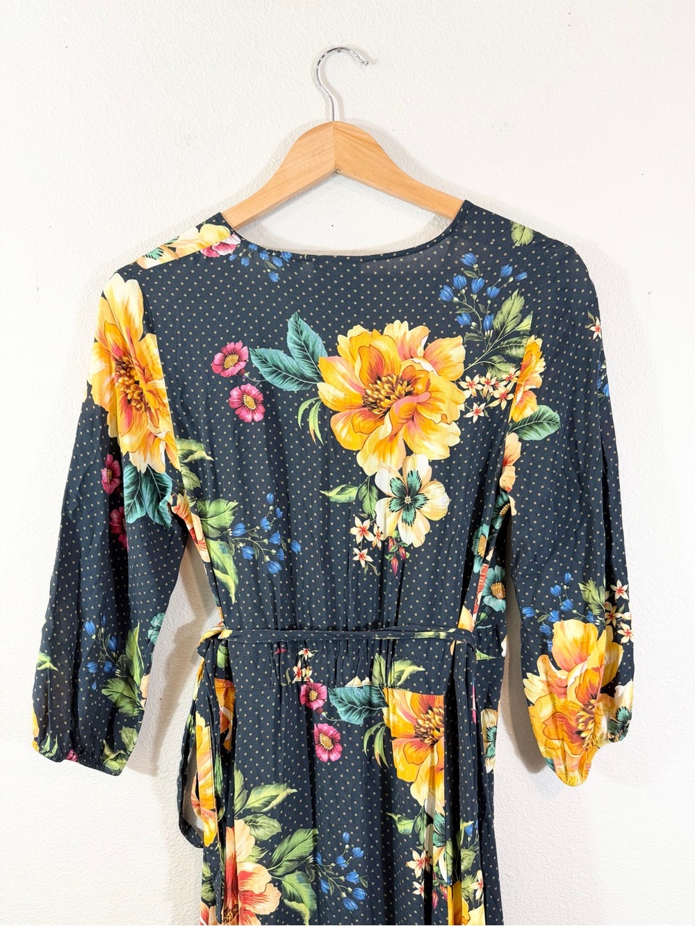 Anthropologie Farm Rio Majorca Wrap Dress Size S Blue Floral Polka Dot Hi Low - Picture 15 of 15
